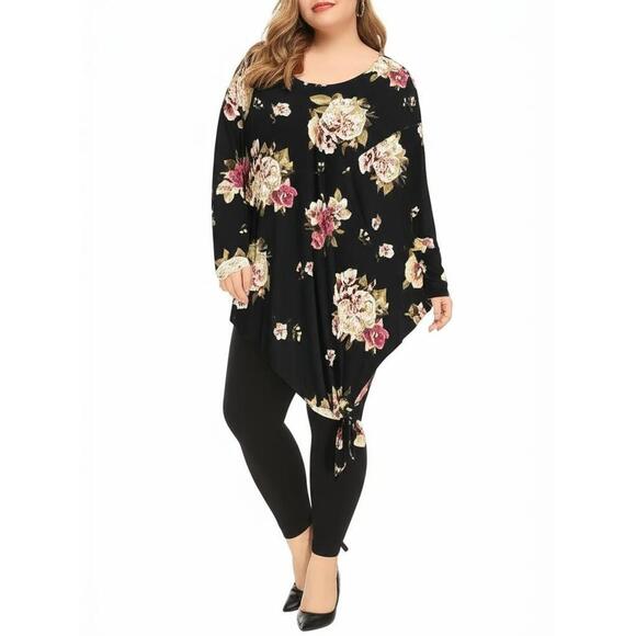 Star Vixen Womens XLarge Black Floral Asymmetrical Tie Hem Tunic Top - Picture 1 of 9